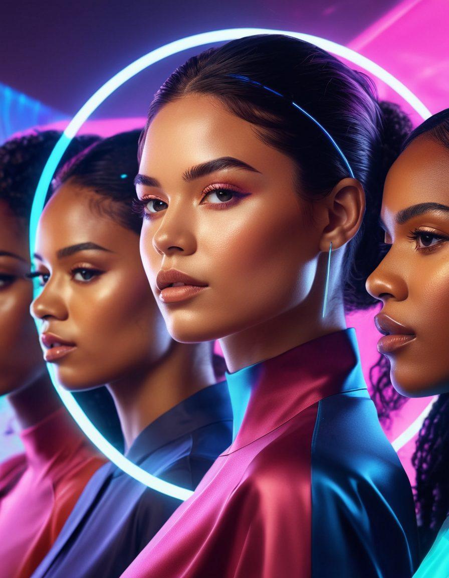 An elegant and diverse group of confident women, each exuding a unique aura, with a backdrop of a dynamic and futuristic digital interface. The scene should incorporate glowing profiles, flowing data streams, and subtle nods to social media icons, all intertwining seamlessly. The women should display different fashion styles and expressions of empowerment. super-realistic. vibrant colors. modern digital art.