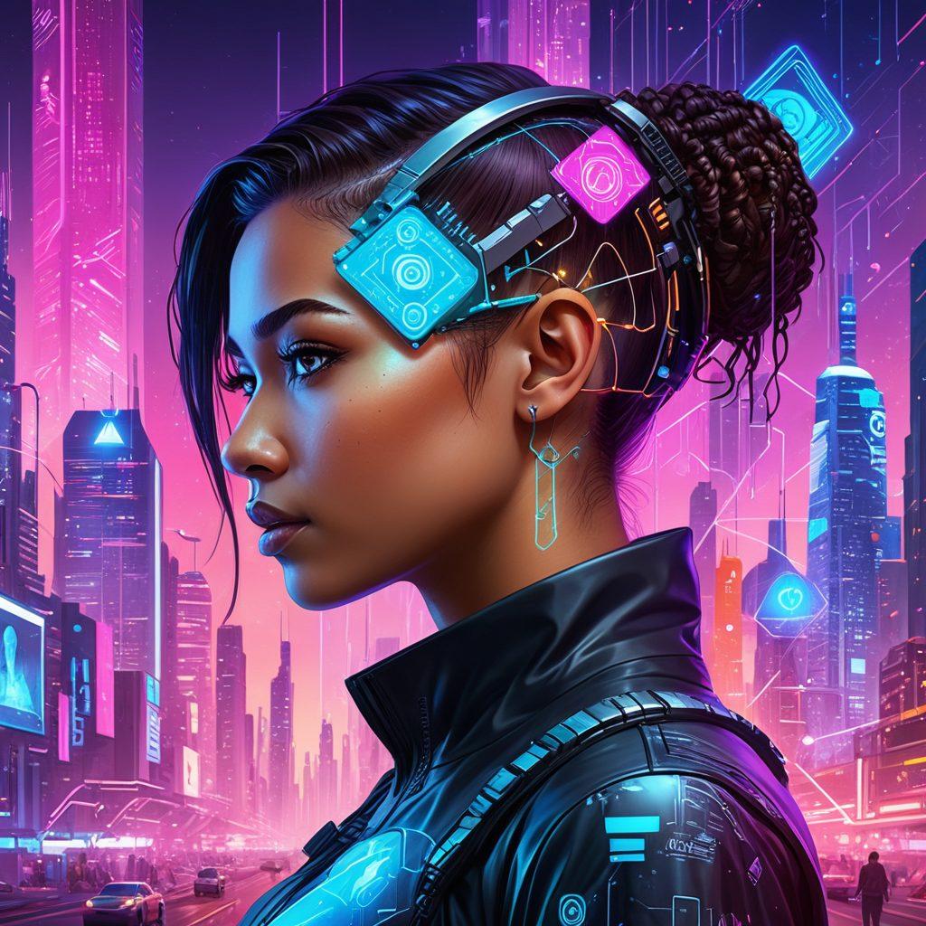 A vibrant scene featuring diverse women excelling in various fields like science, art, and technology, surrounded by digital elements like profile icons, social media, and coding symbols against a futuristic cityscape background. Vector art. Vibrant colors. Cyberpunk. High-tech interface.
