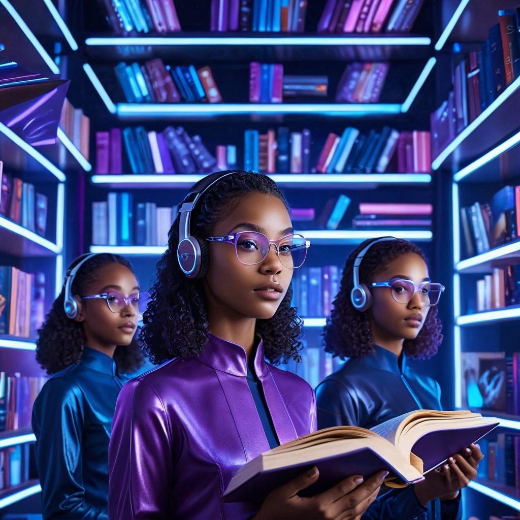A majestic digital library with floating holographic books, showcasing portraits of strong, diverse, and confident girls. Each girl is depicted as a radiant beacon of beauty, intelligence, and empowerment, engaging with the compendiums. The background is a blend of deep blues and purples, symbolizing the vastness of knowledge. 3D. vibrant colors. futuristic style.